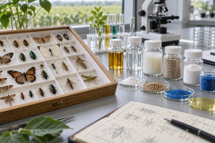 Bandeja de amostras entomológicas e amostras separadas de formulação de pesticidas não marcadas agrupadas em uma mesa de laboratório limpa.