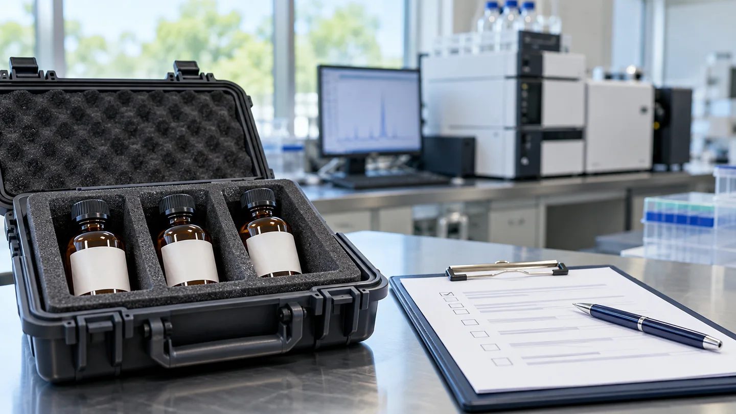 Flacons d'échantillon scellés dans un étui de protection à côté d'une liste de contrôle d'évaluation en laboratoire