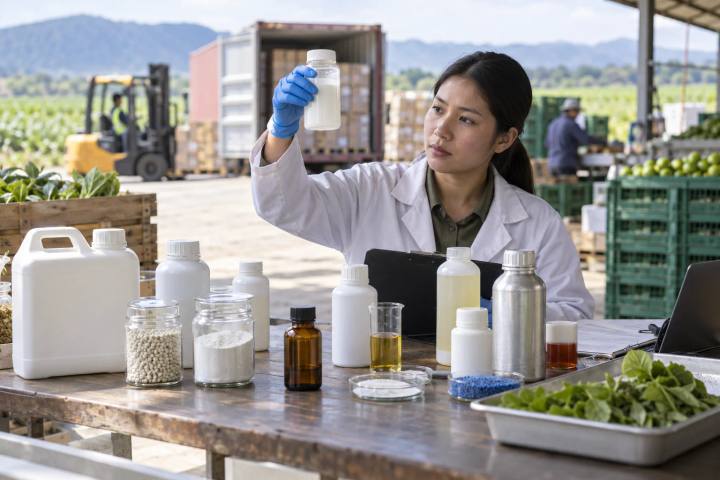 Uma ampla seleção de recipientes de formulação de inseticidas sem marca, organizados em uma mesa de controle de qualidade de exportação.