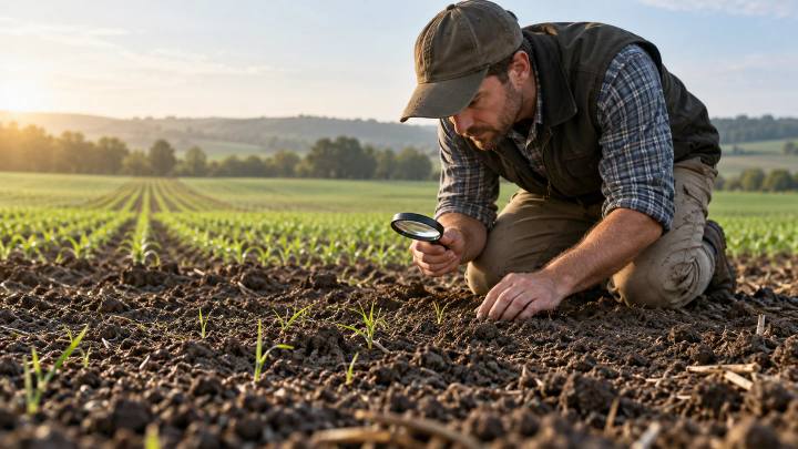 Agrônomo inspecionando solo e mudas emergentes de grama ao lado de linhas de cultivo preparadas