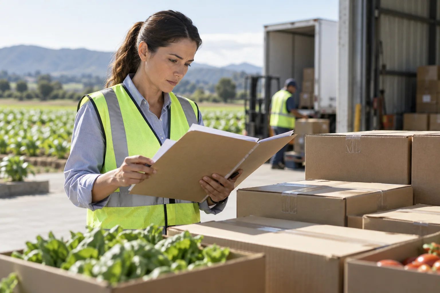 Revisor de cumplimiento de exportación verificando carpetas simples de la cadena de suministro y cajas de productos agrícolas selladas.