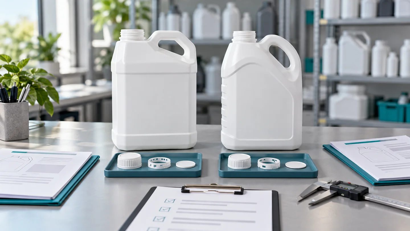 Two empty chemical packaging prototypes with closure components and review documents
