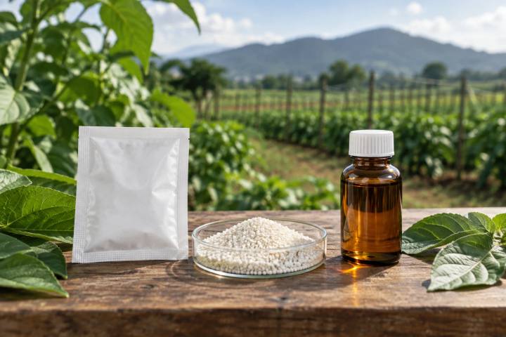 Three generic formulation samples: a soluble powder sachet, water-dispersible granules and an amber liquid vial, near healthy crop leaves.