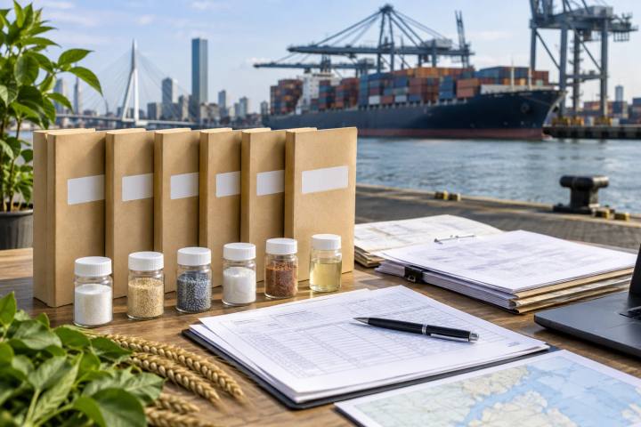 Six plain regulatory sample folders arranged beside export shipping documents.