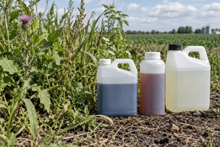 Field edge with mixed weeds and three distinctly shaped unbranded herbicide sample containers.