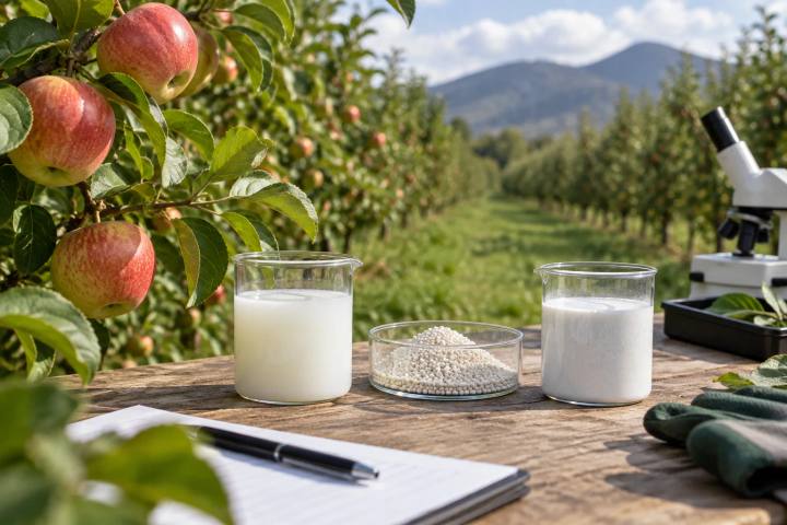 Apple orchard foliage and three unbranded fungicide formulation samples on a field research table.