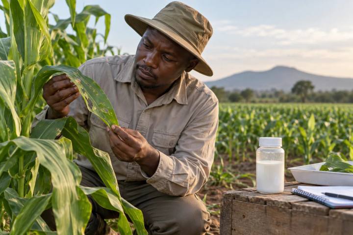 An agronomist inspecting a maize leaf for caterpillar damage beside an unbranded formulation sample.