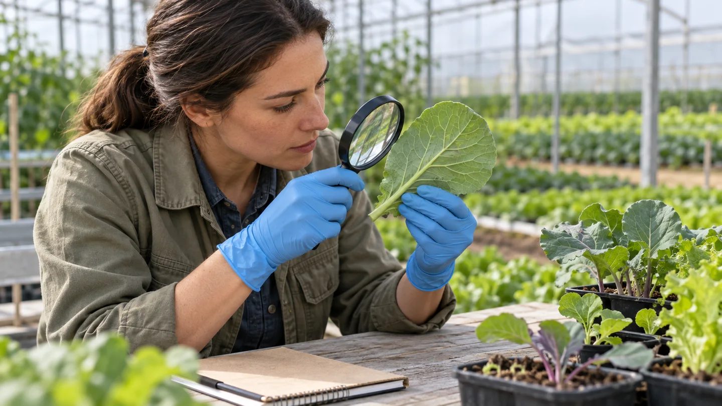 Plant health adviser inspecting the underside of a vegetable leaf beside seedlings