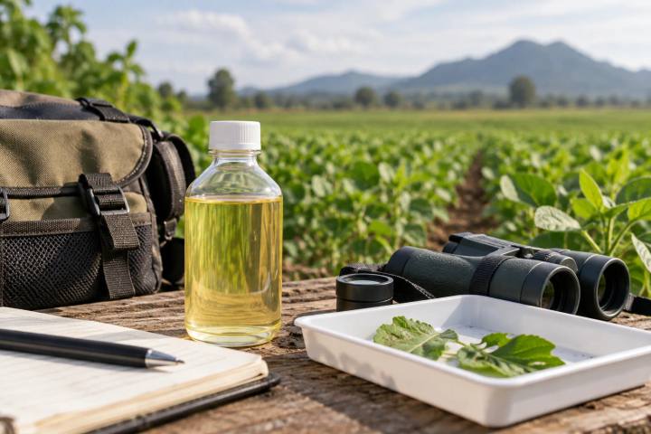 An unbranded liquid formulation sample beside a field scouting kit at the edge of a cultivated crop.
