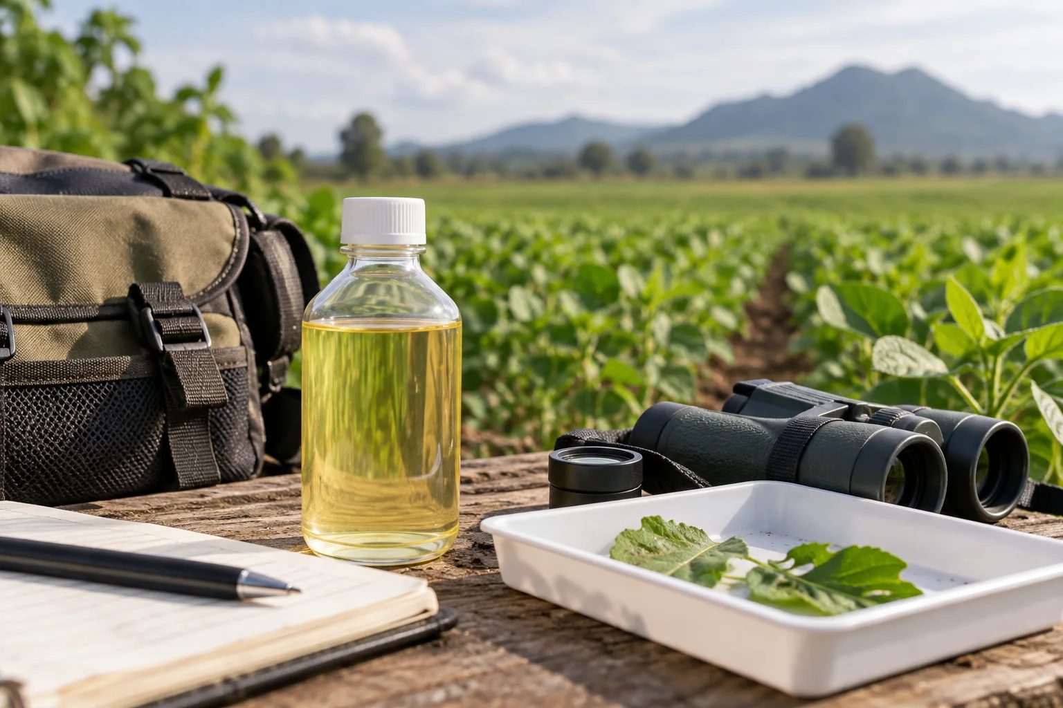 An unbranded liquid formulation sample beside a field scouting kit at the edge of a cultivated crop.