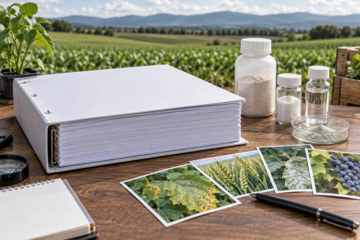 Dossiê grosso em branco ao lado de amostras de fungicida lacradas e fotografias de cultivo.