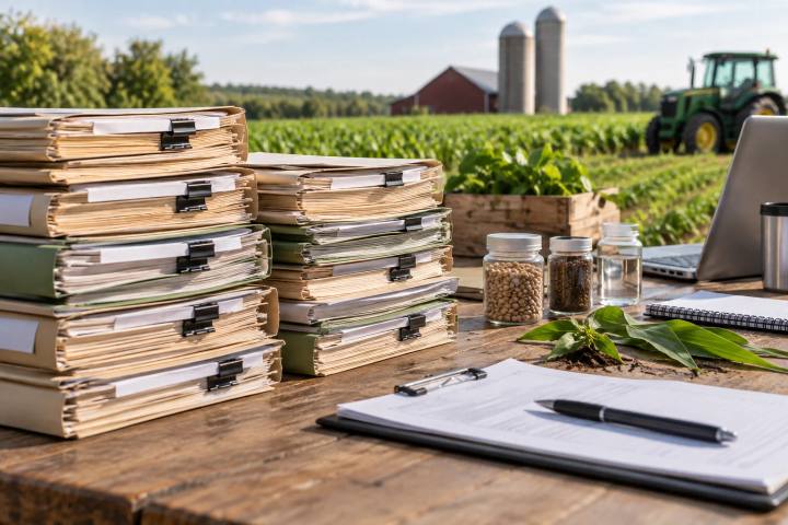 Stacks of closed regulatory case folders and an agricultural supply review desk, no agency insignia.