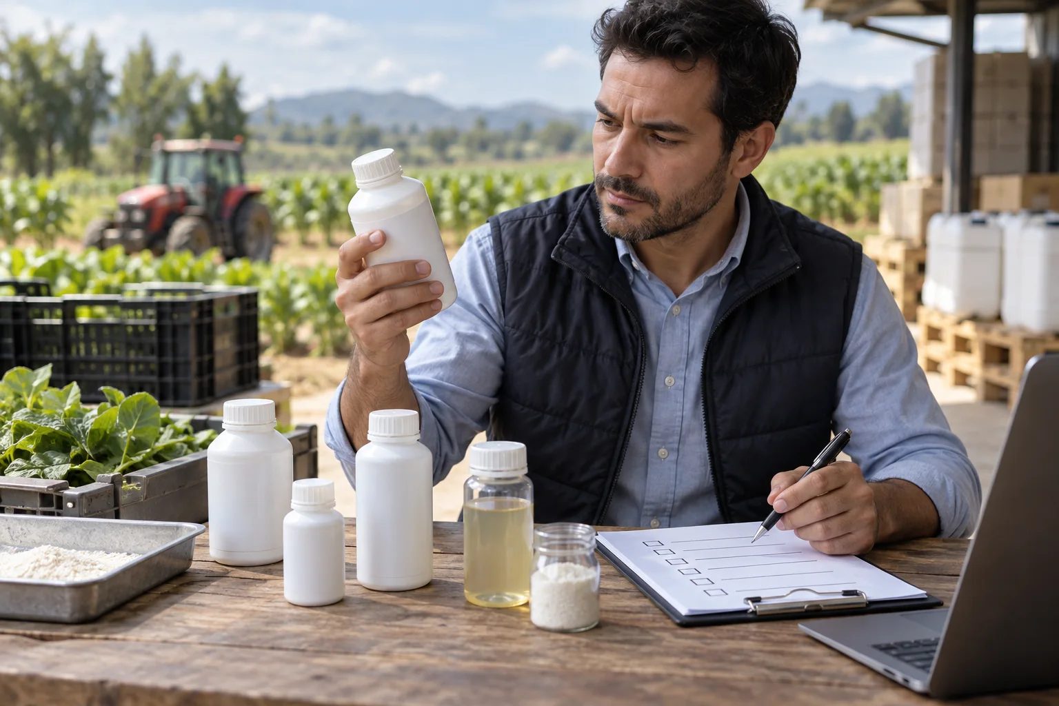 Comprador inspeccionando varias botellas de muestra de fungicida con etiqueta en blanco y una lista de control de calidad.