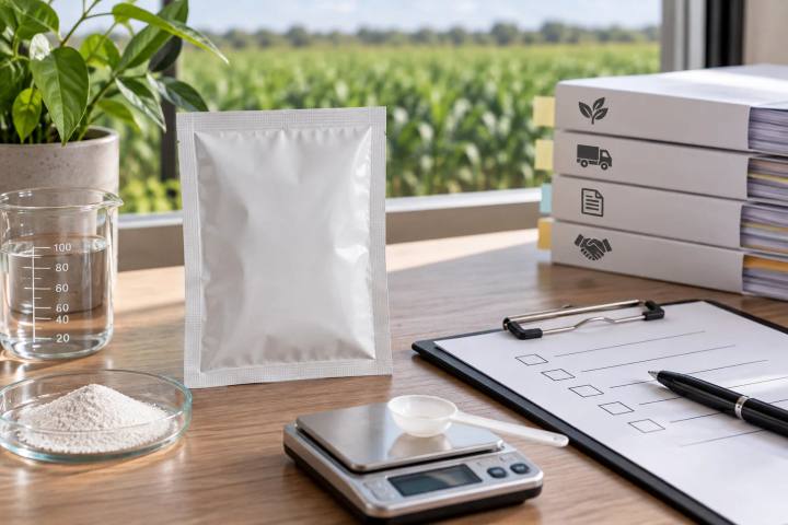Blank sample sachet, measurement tools and a buyer review checklist on a clean desk.