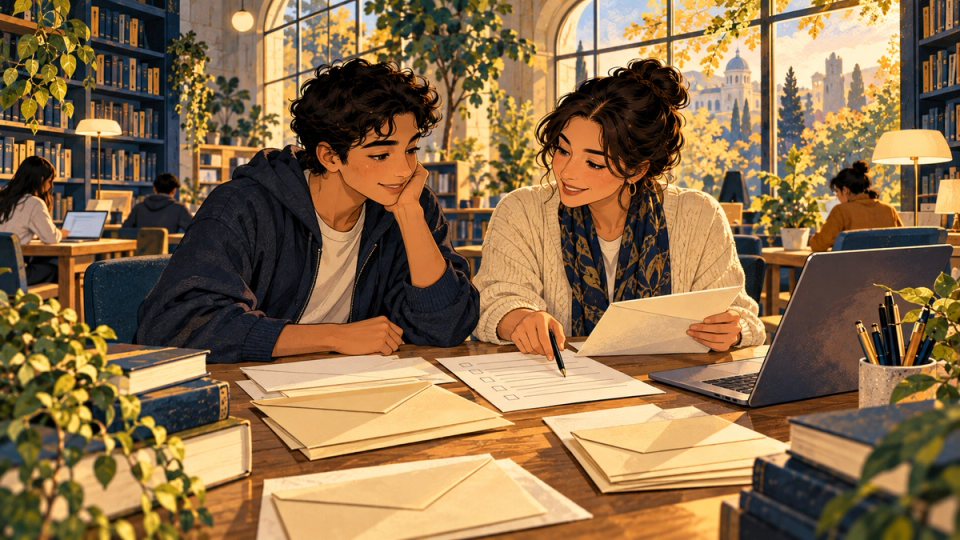 A student and school counselor sorting application-cost envelopes beside a laptop and simple abstract checklist, optimistic warm library atmosphere, detailed textured golden-cream navy-teal illustration, no money amounts or readable text.