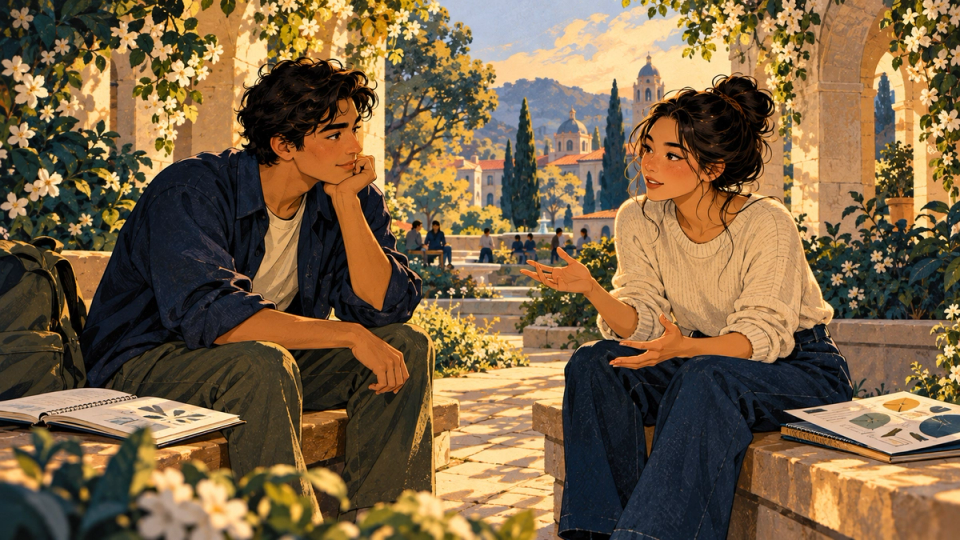 Two graduate applicants practice a thoughtful conversation in a leafy campus courtyard with notebooks and a research poster, textured hand-drawn story illustration warm gold cream deep navy teal.