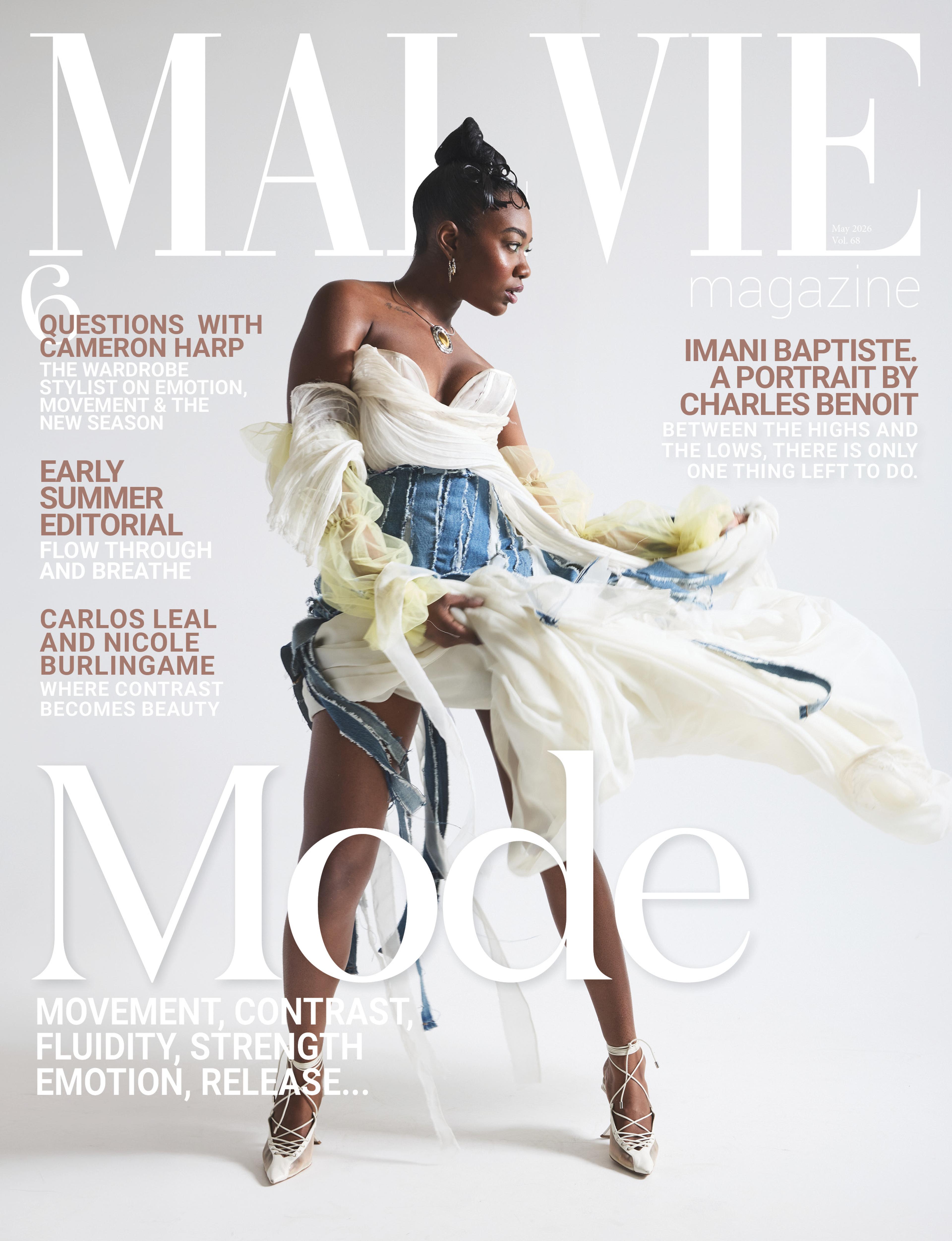 Dark skin model wearing a white, blue, and yellow look flowing in the air for the cover of Malvie magazine.