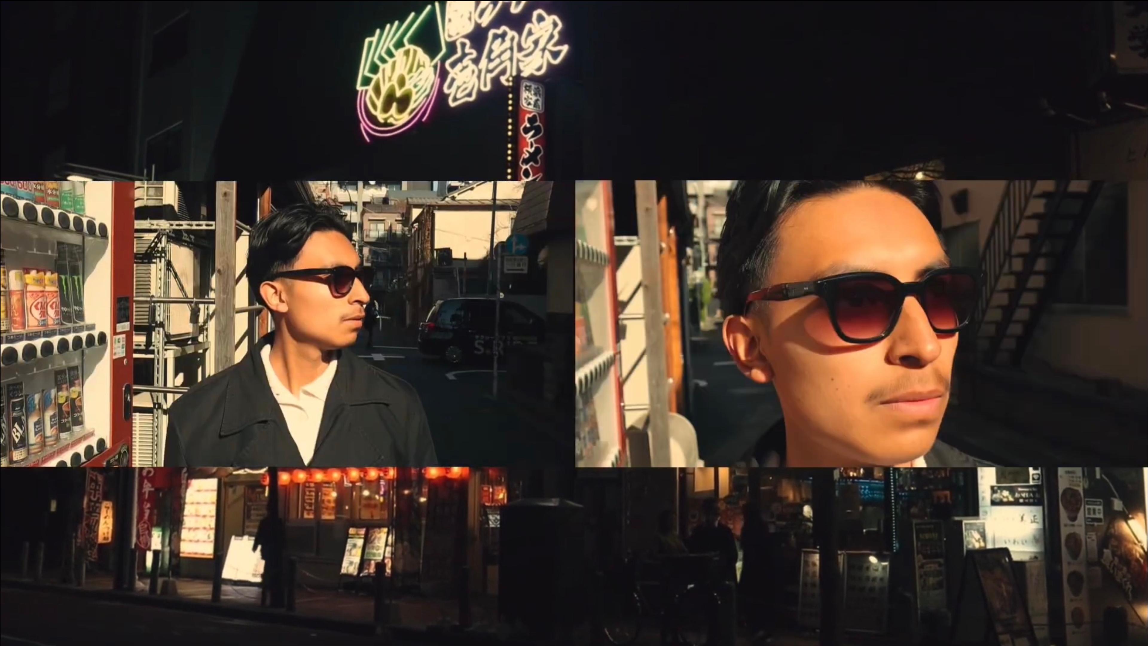 Graphic collage in Japan of close ups of boy wearing black sunglasses with neon sign behind.