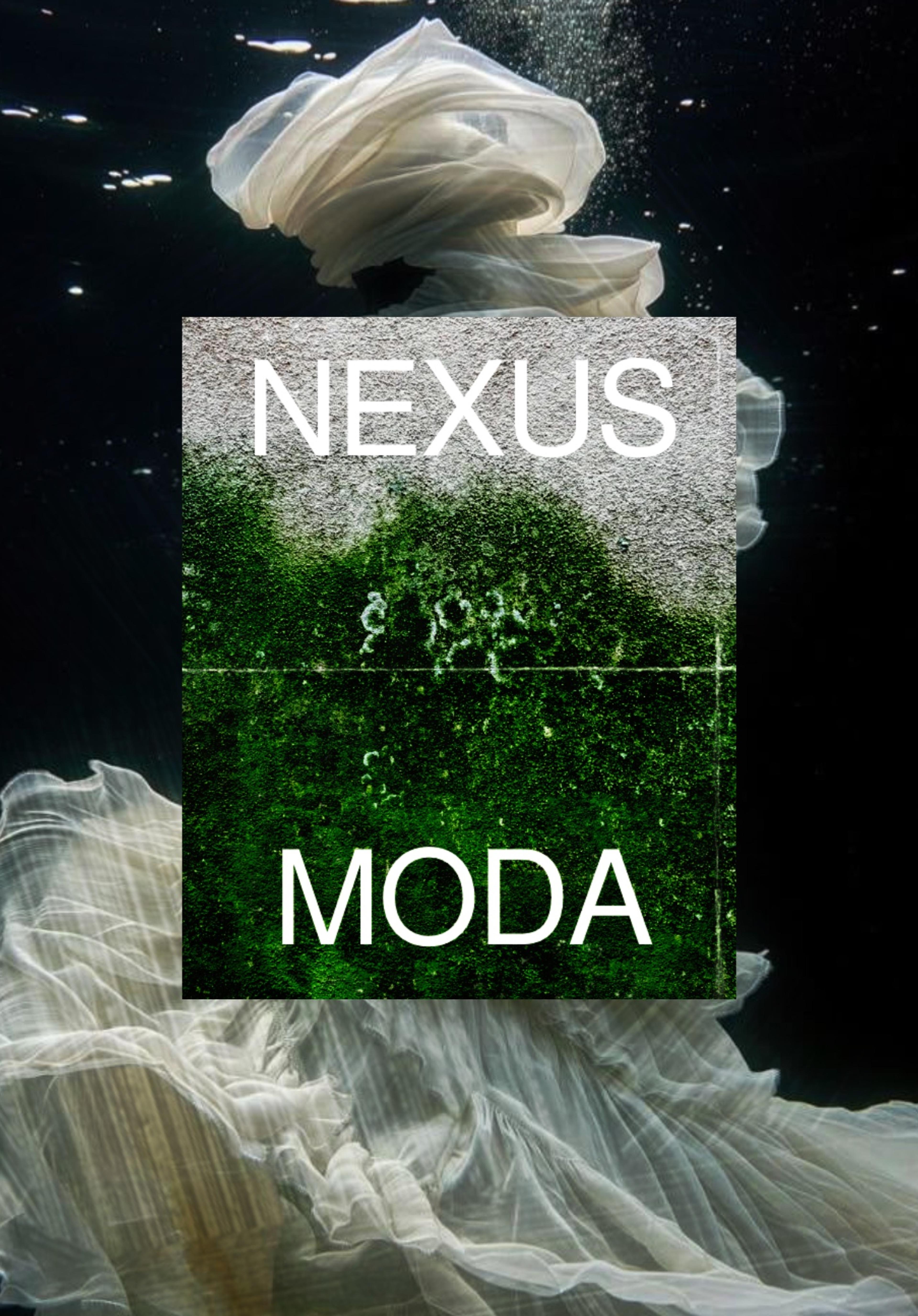 Green water graphic that says Nexus Moda with a black and white watery background.