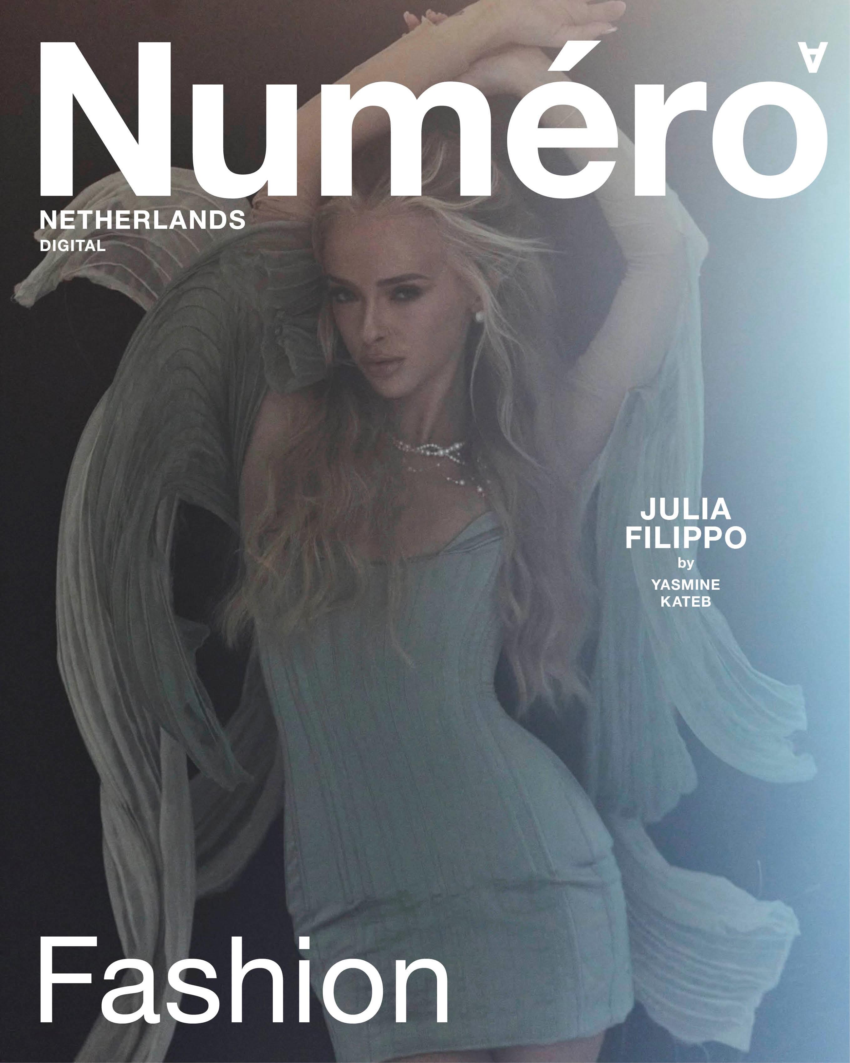 Julia Filippo for the cover of Numero Netherlands wearing a green silk corset.