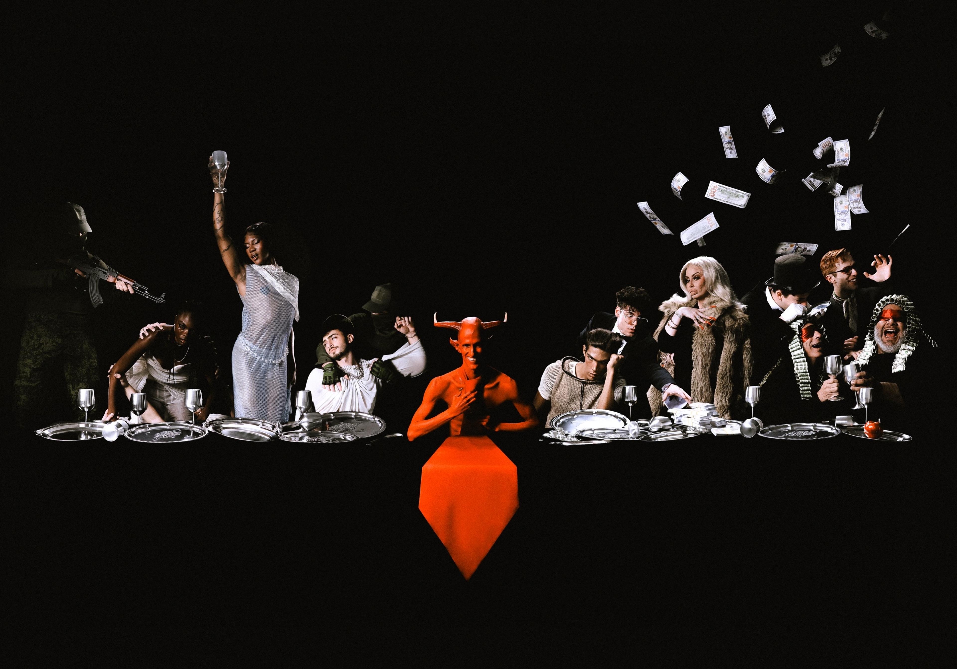 Group sitting at a table with a devil character in the middle.