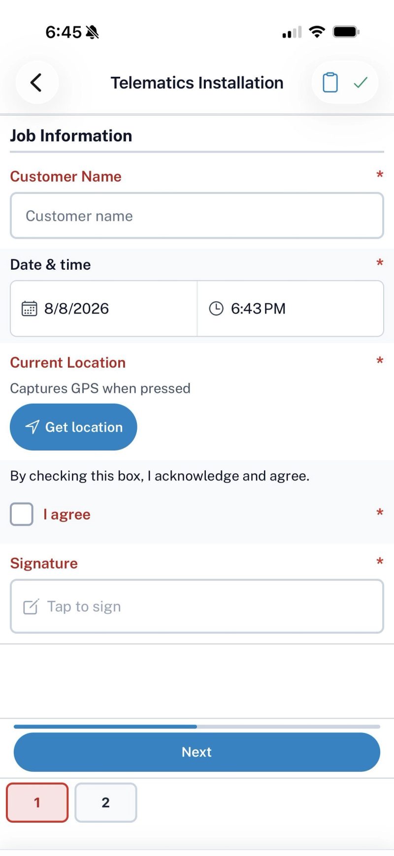 Required fields flagged before submission, including GPS capture, acknowledgement, and signature