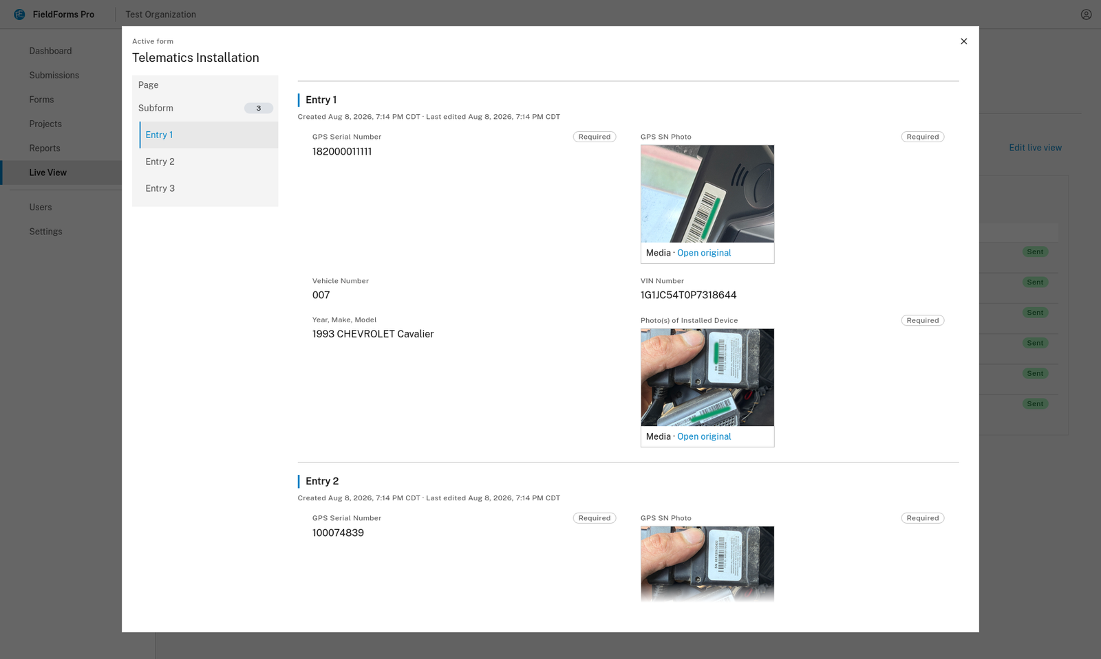 FieldForms Pro Live View panel showing an in-progress Telematics Installation form, with subform entries listed in a sidebar and each entry showing its created and last-edited timestamps alongside captured field values and photos