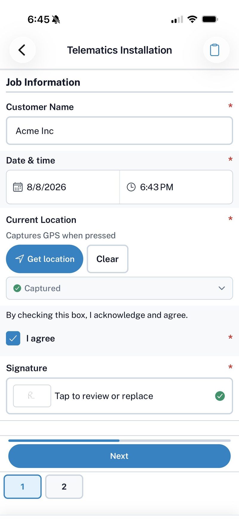 Completed job information page on the FieldForms Pro mobile app, with GPS location captured and a signature applied