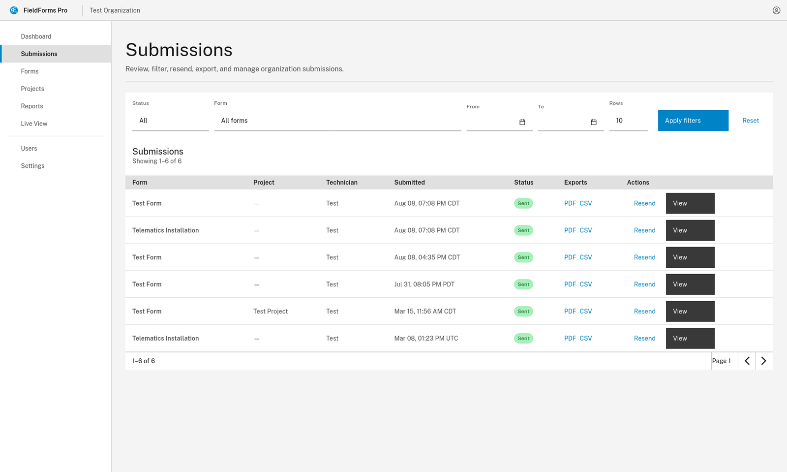 FieldForms Pro submissions dashboard in light mode, listing form submissions with status, PDF/CSV exports, and resend actions