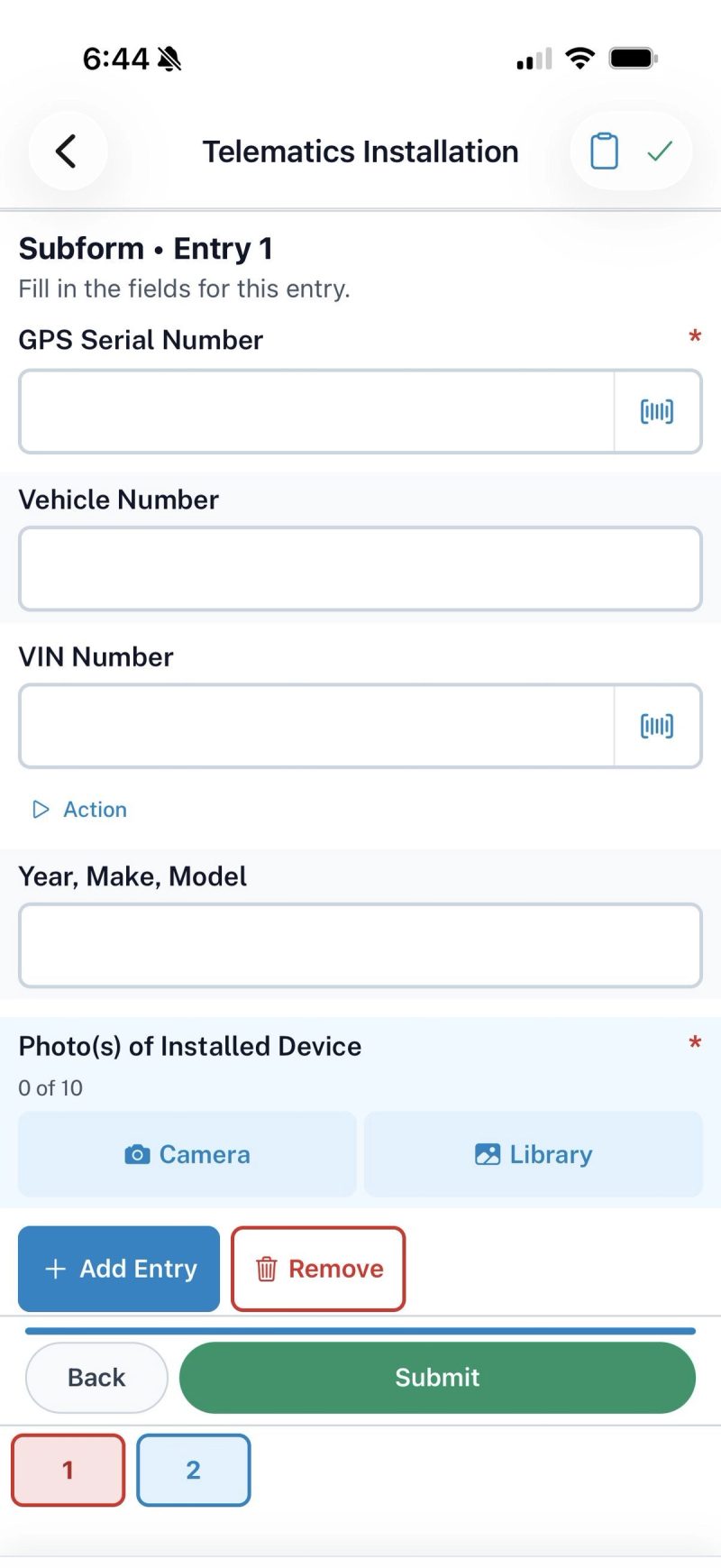Repeating subform entry with barcode capture for GPS serial and VIN numbers