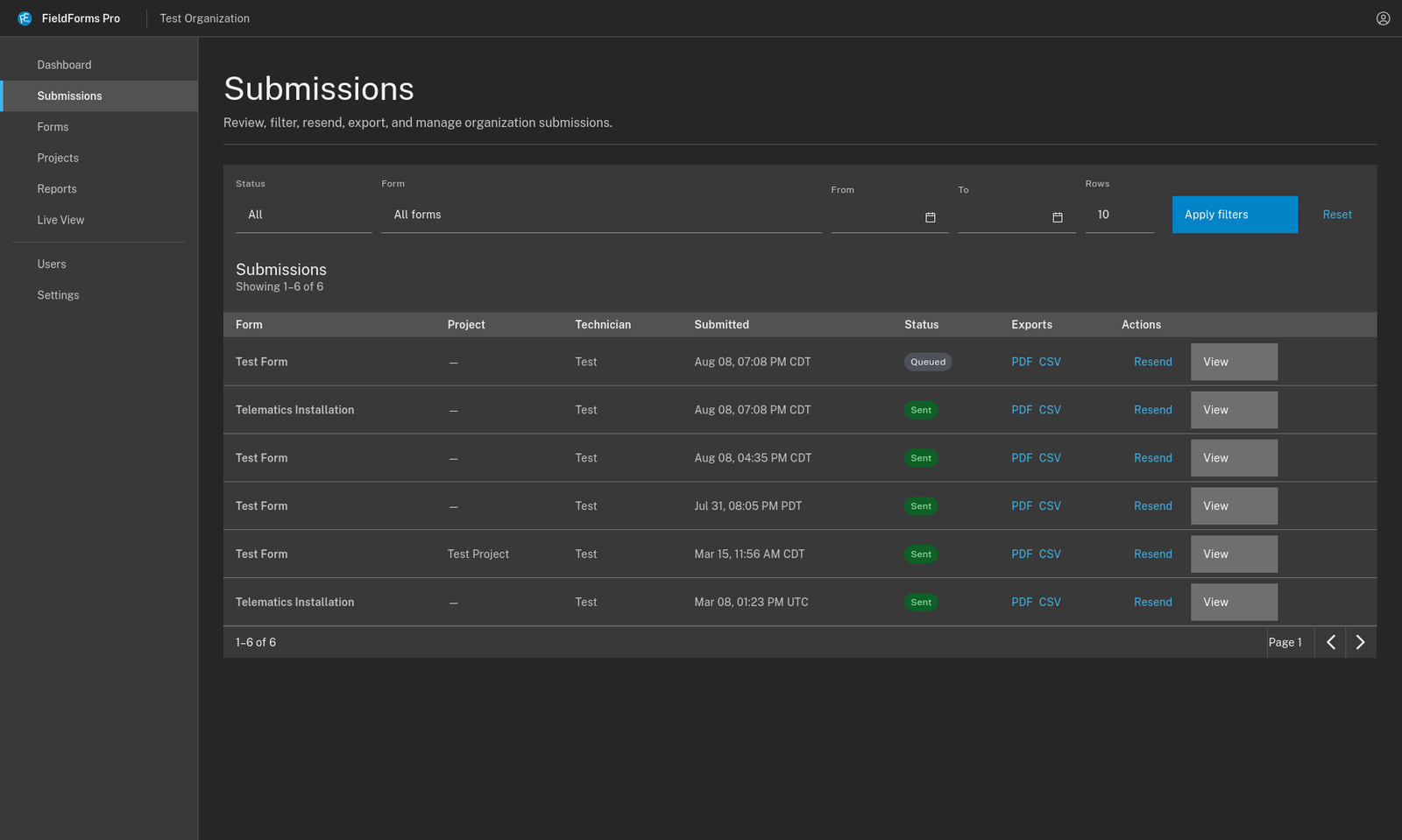 FieldForms Pro submissions dashboard in dark mode, listing form submissions with status, PDF/CSV exports, and resend actions
