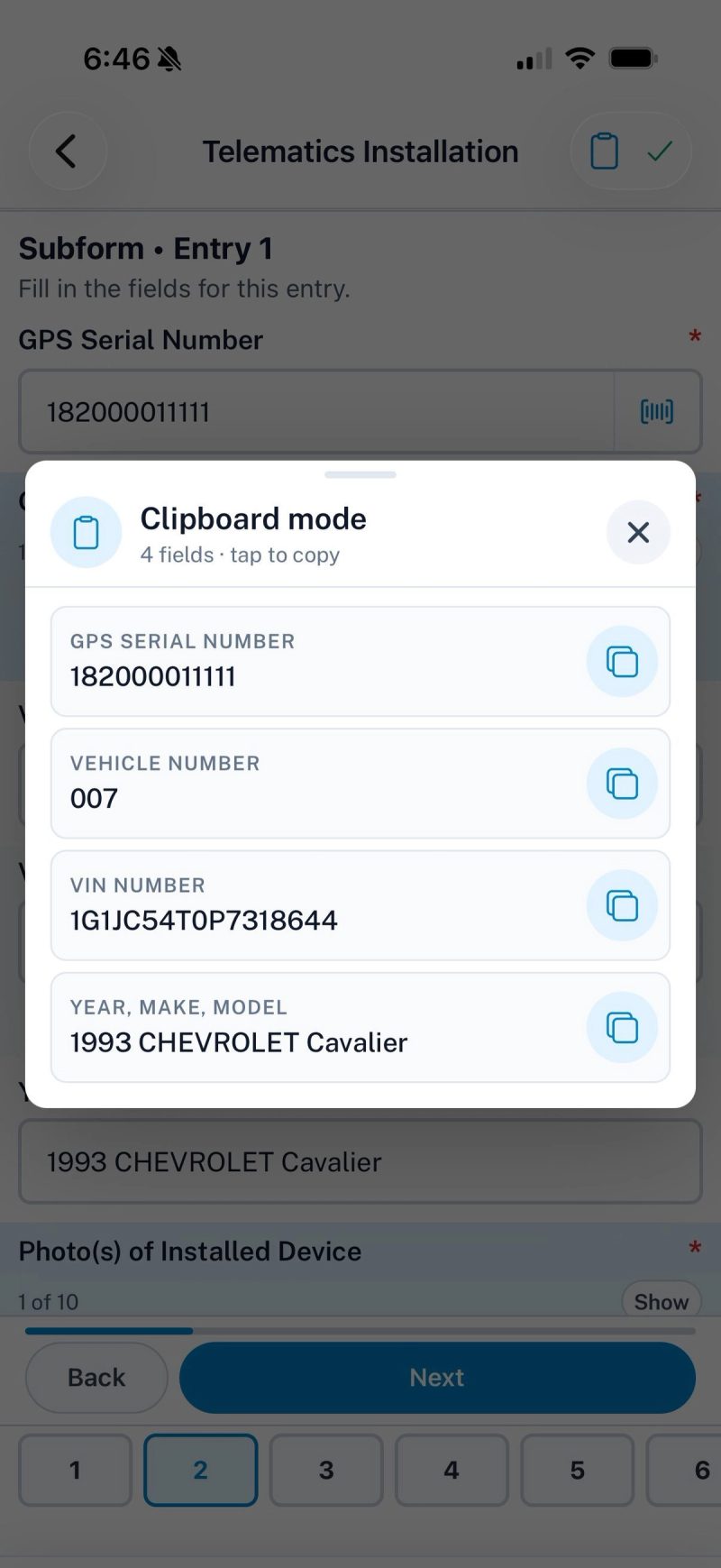 Clipboard mode showing four captured field values, each with a one-tap copy button
