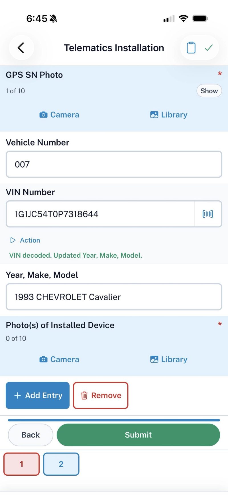 VIN decoded in the mobile app, auto-filling the year, make, and model field