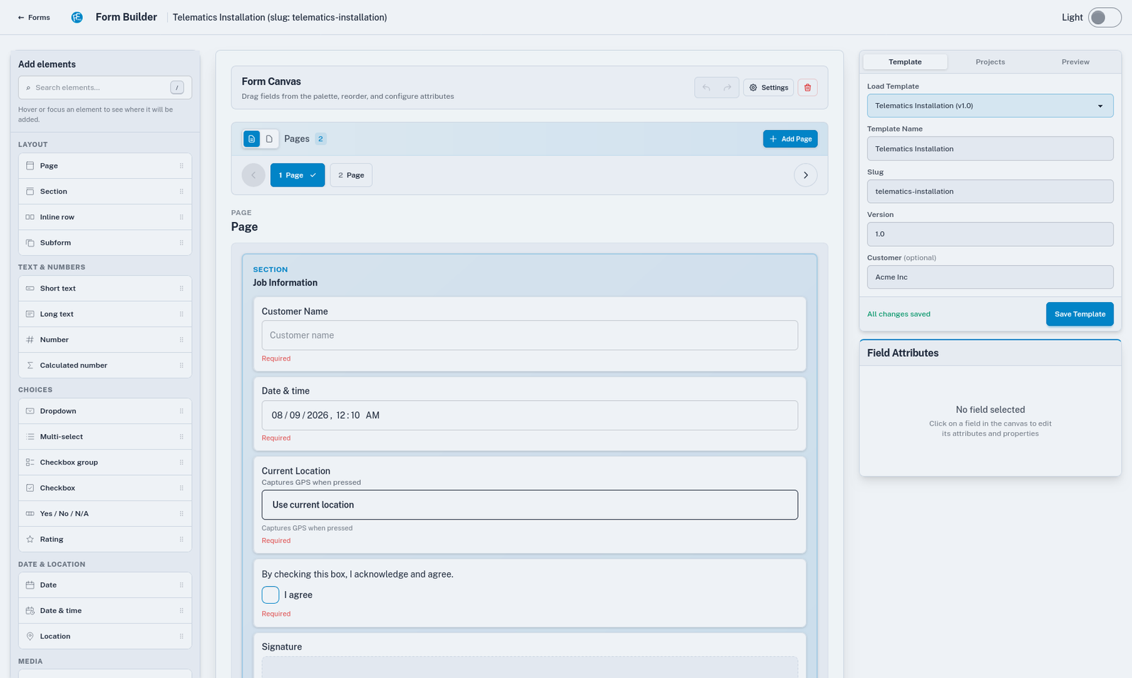 FieldForms Pro form builder showing drag-and-drop interface with field types, form canvas, and field attributes panel