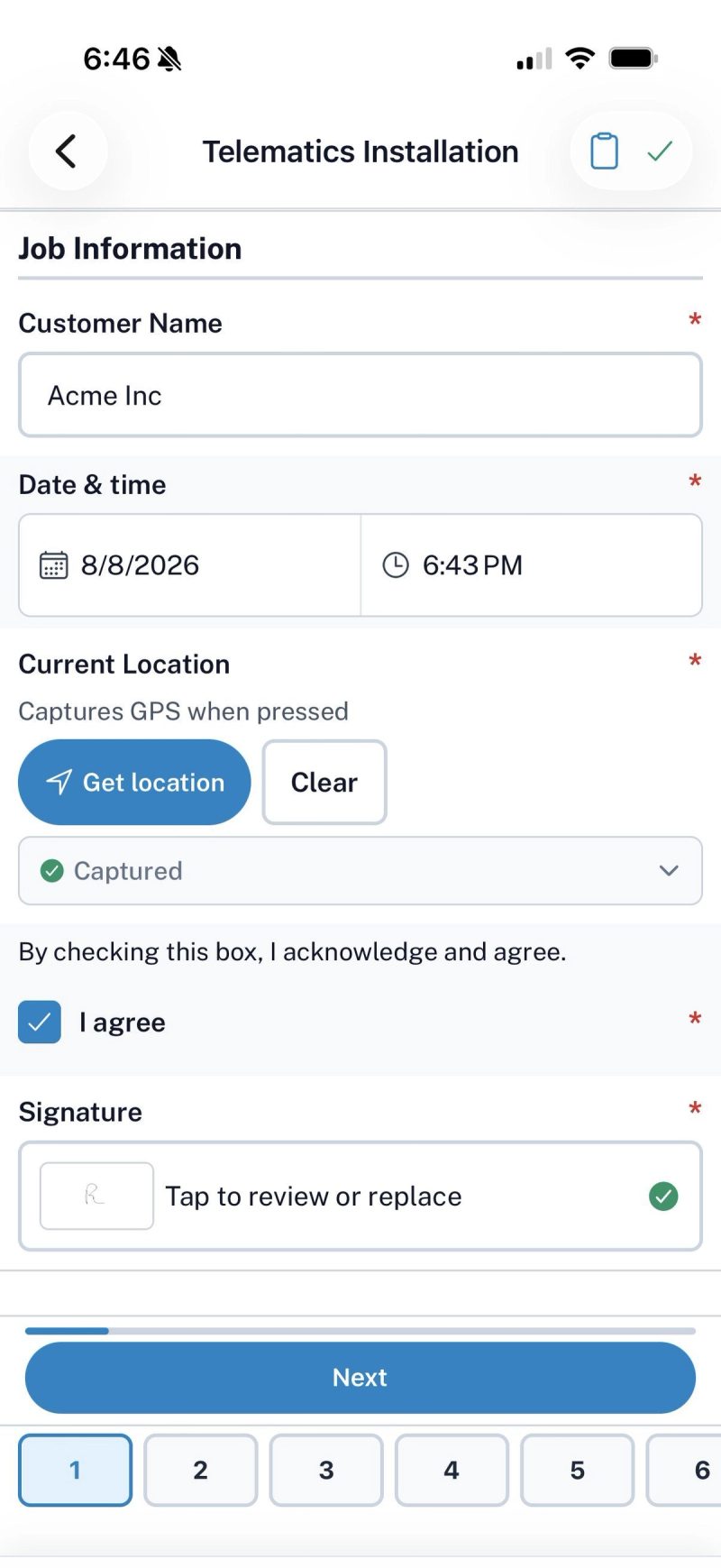 Multi-page form with six numbered pages, a progress bar, and repeating subform sections