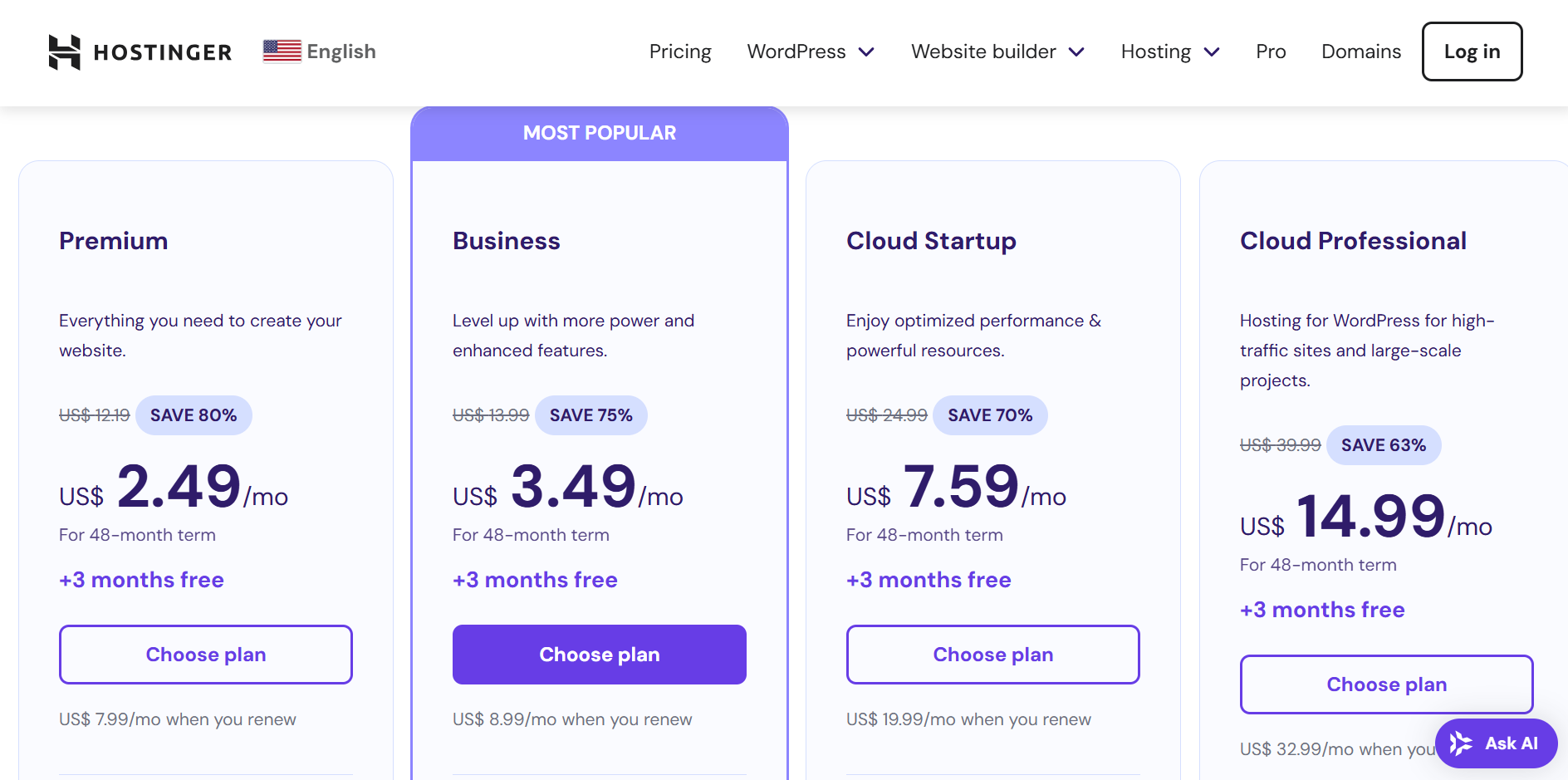 Pricing table for Hostinger.com