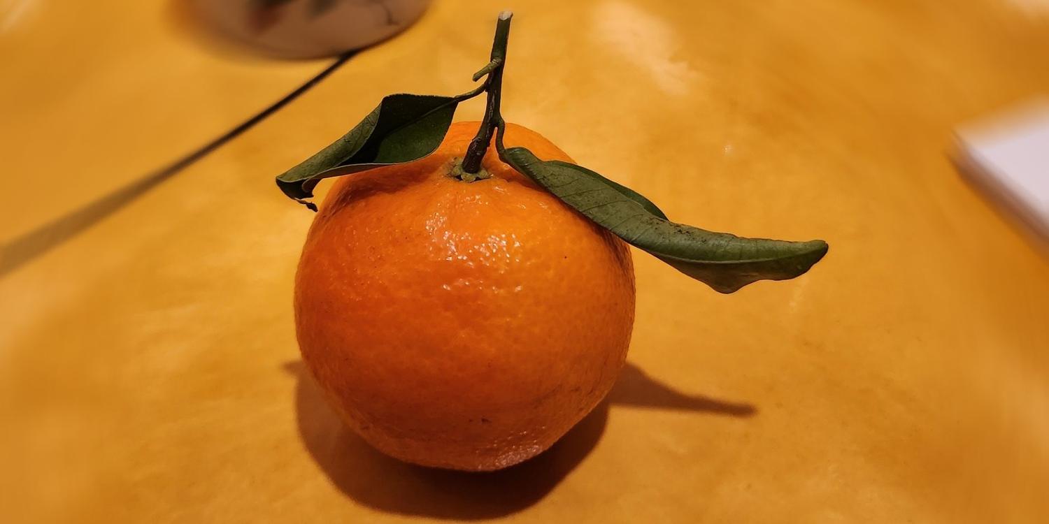 an orange on an orange table.