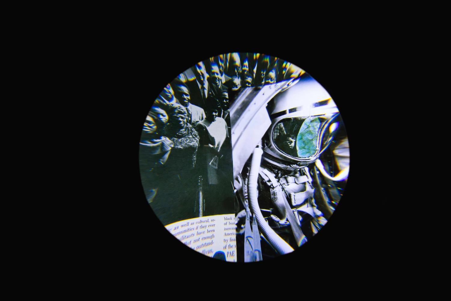 Circular collage combining a historic black-and-white crowd scene with a close-up of an astronaut in a spacesuit.