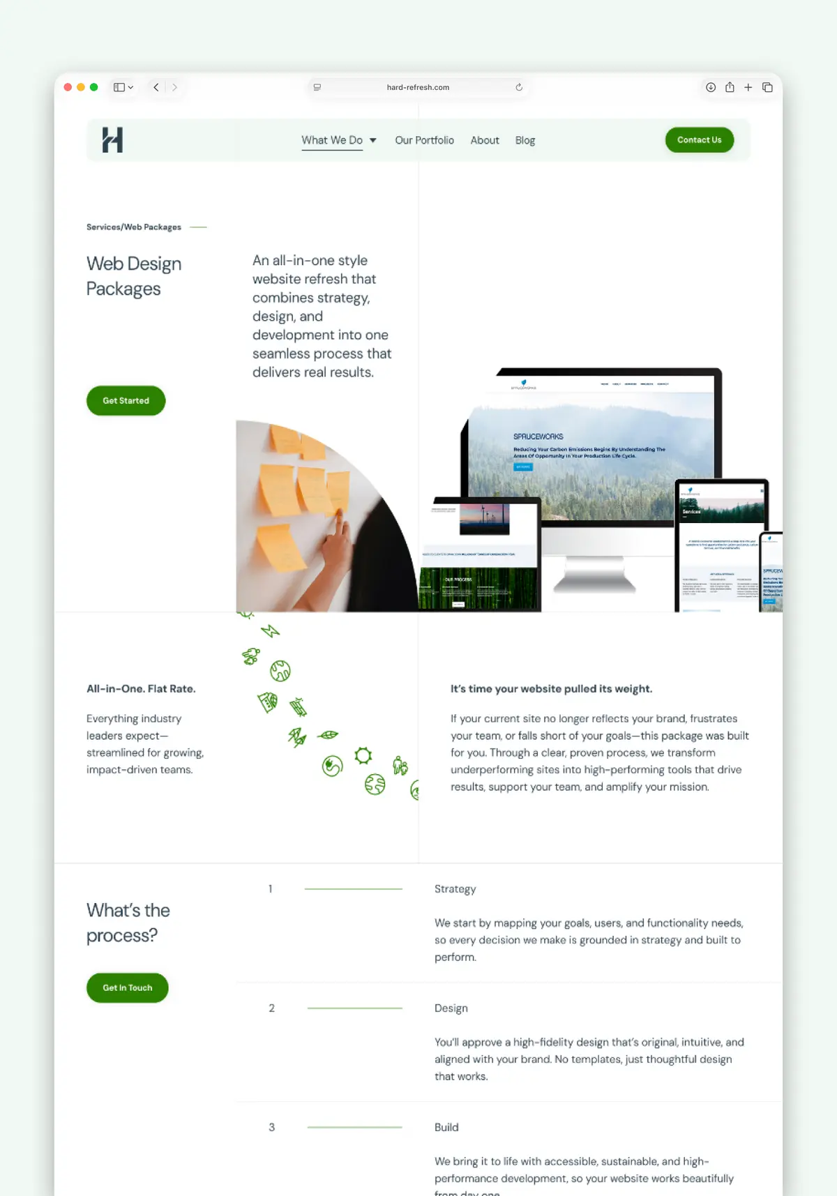 Website packages landing page, hero section, features, and process outline section.