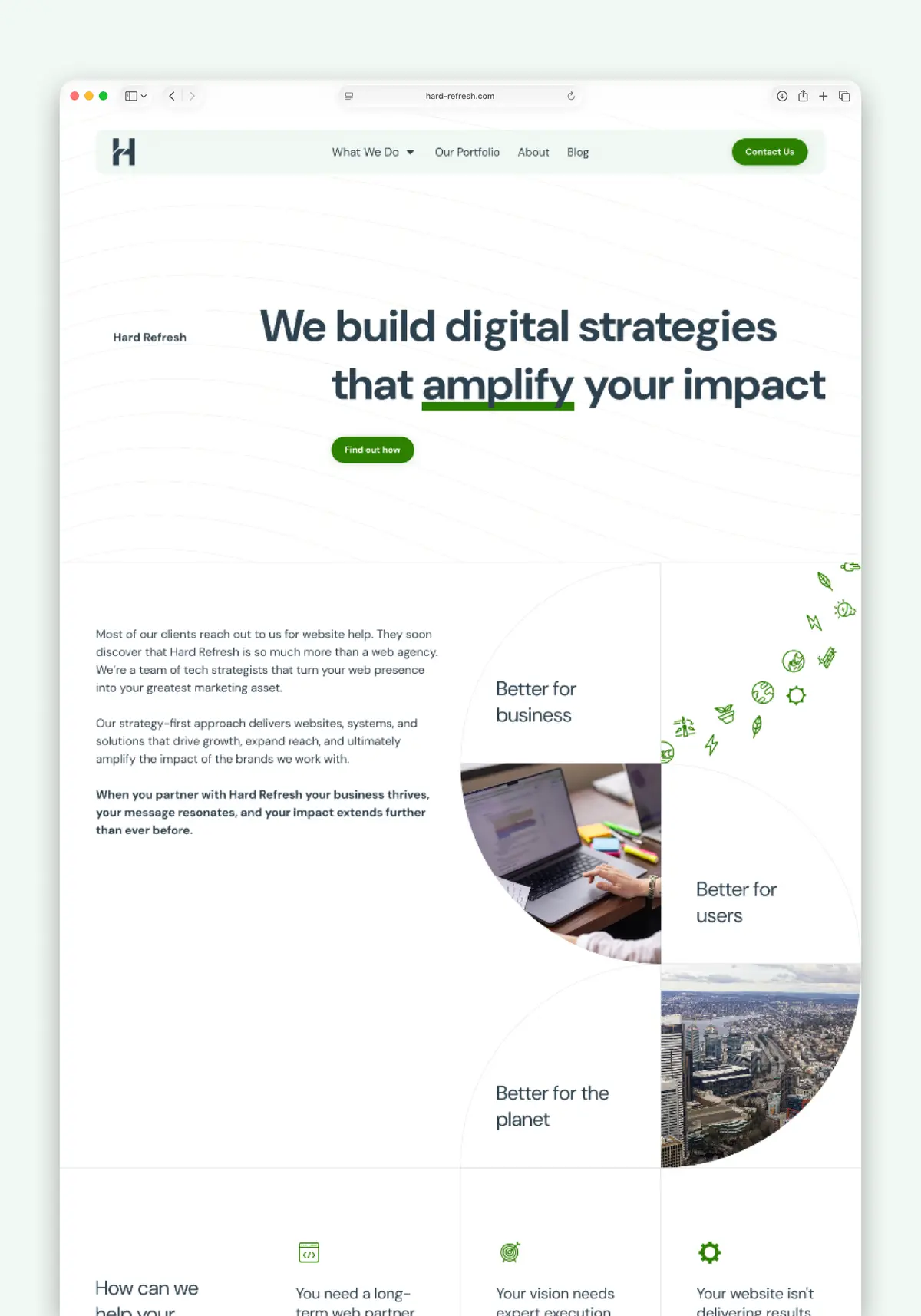 Home page hero section, navbar, text, images, and icons.