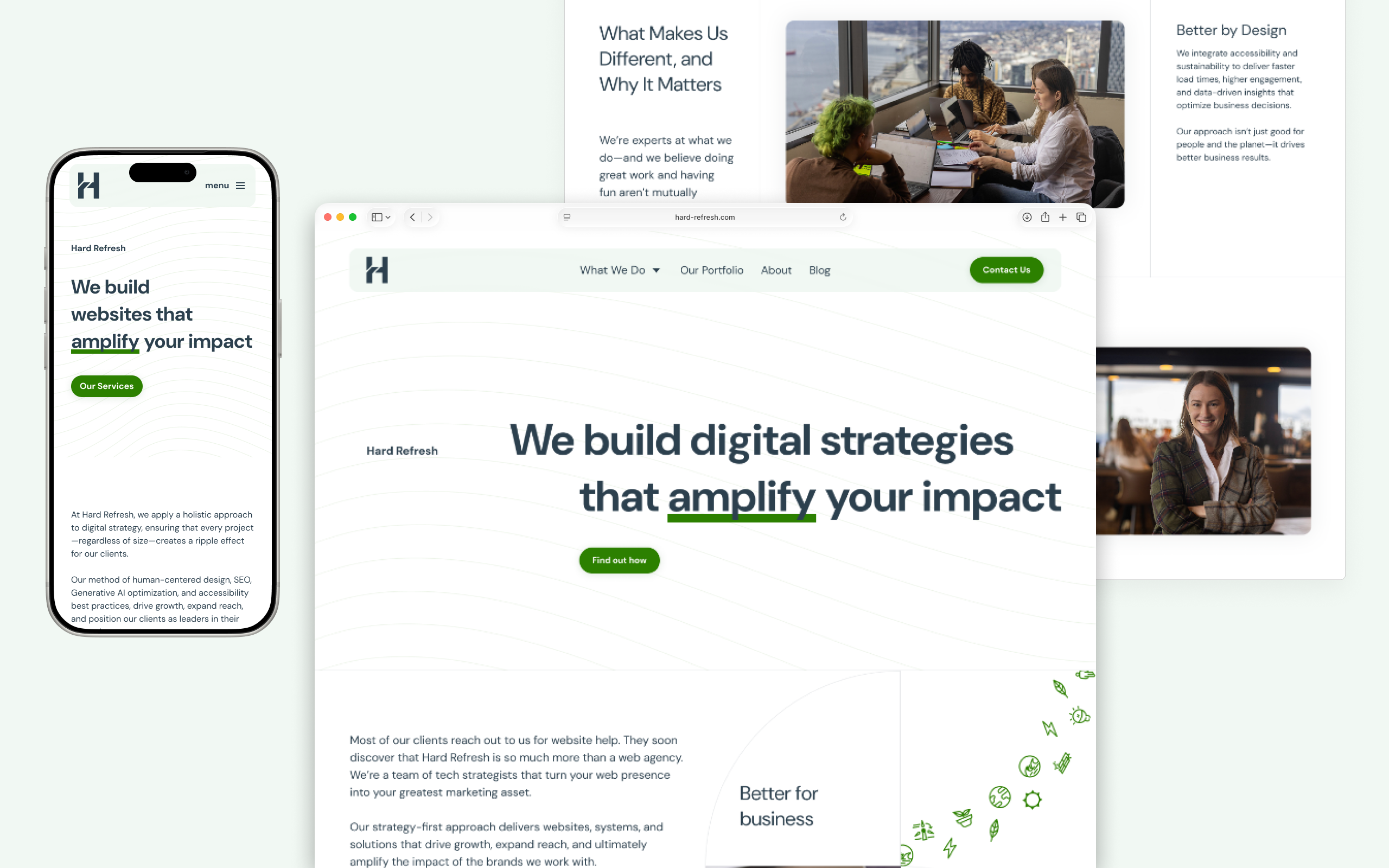 Screenshots of the Hard Refresh home page design, with the mobile design in an iPhone frame, and two overlapping desktop designs in the Safari browser.