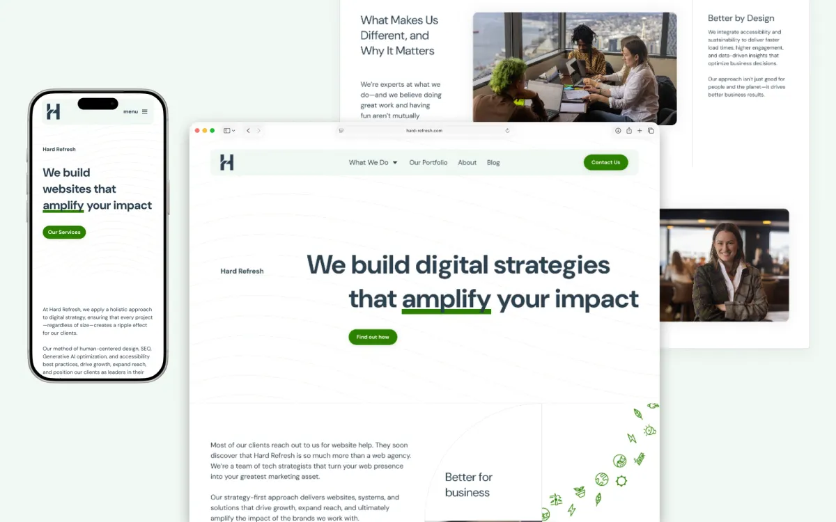 Screenshots of the Hard Refresh home page design, with the mobile design in an iPhone frame, and two overlapping desktop designs in the Safari browser.