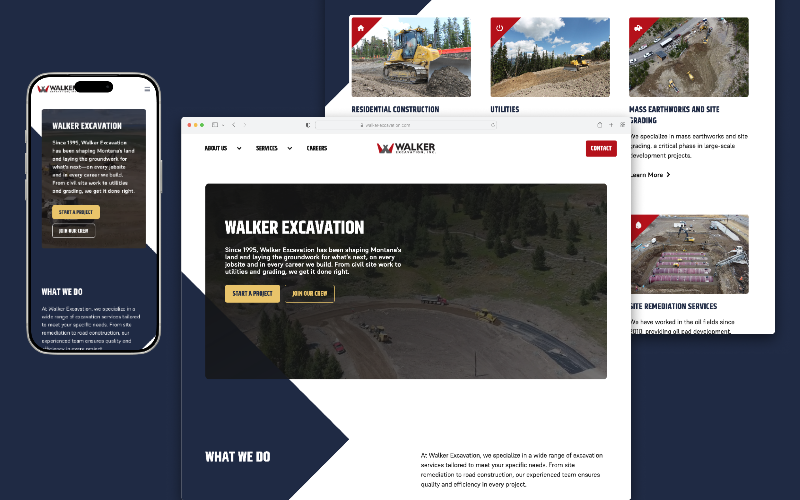 Walker excavation website homepage screnshots in mobile and desktop frames. 