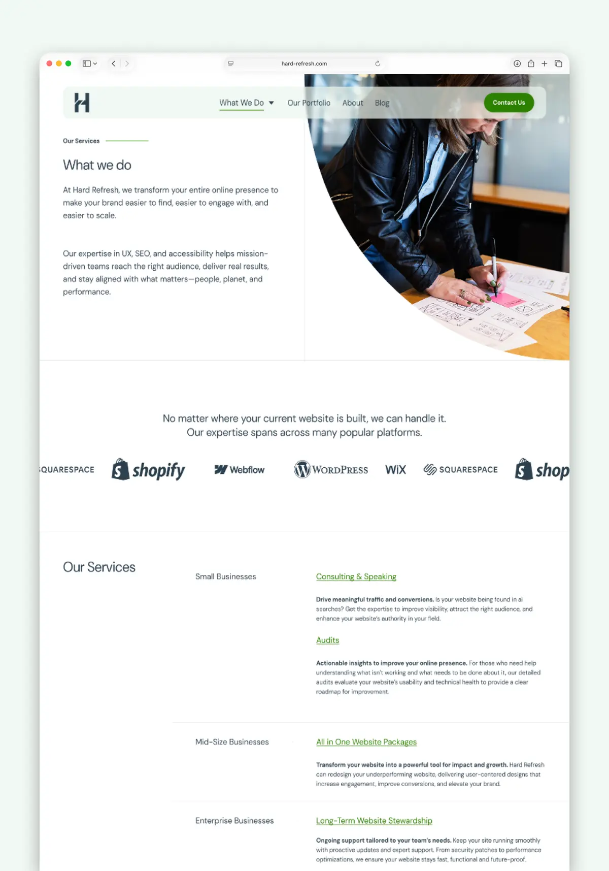 Services page hero section, logos, and list of services.