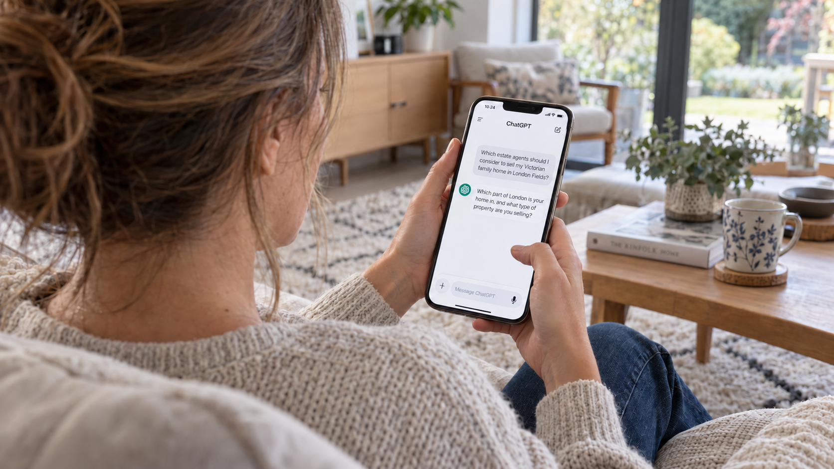Seller researches potential real estate companies with AI agent on mobile device
