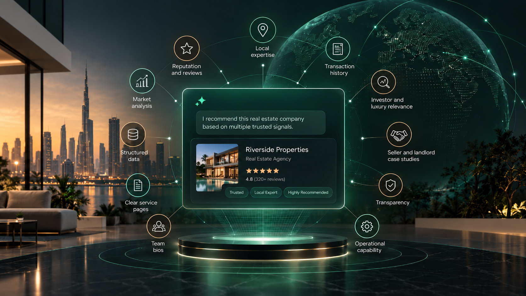 AI real estate recommendation dashboard over Dubai’s skyline.