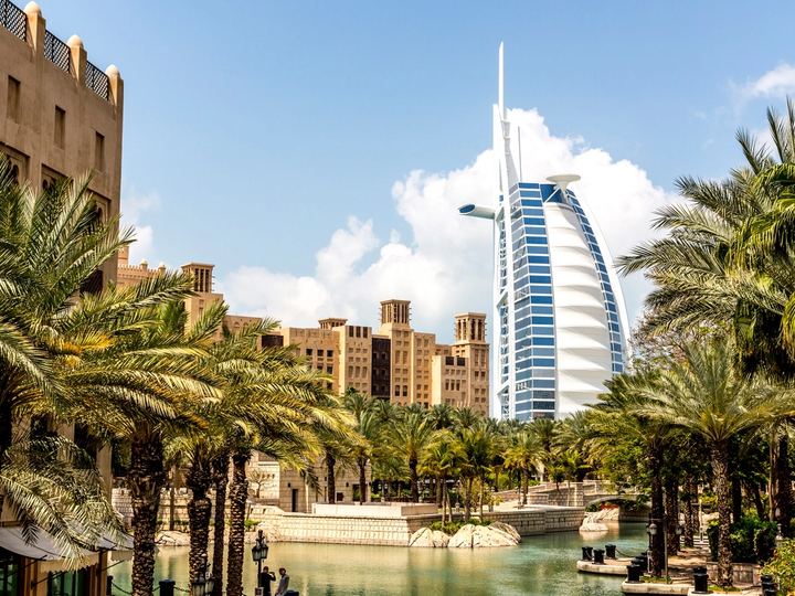The Burj Al Arab seen across Madinat Jumeirah, Dubai