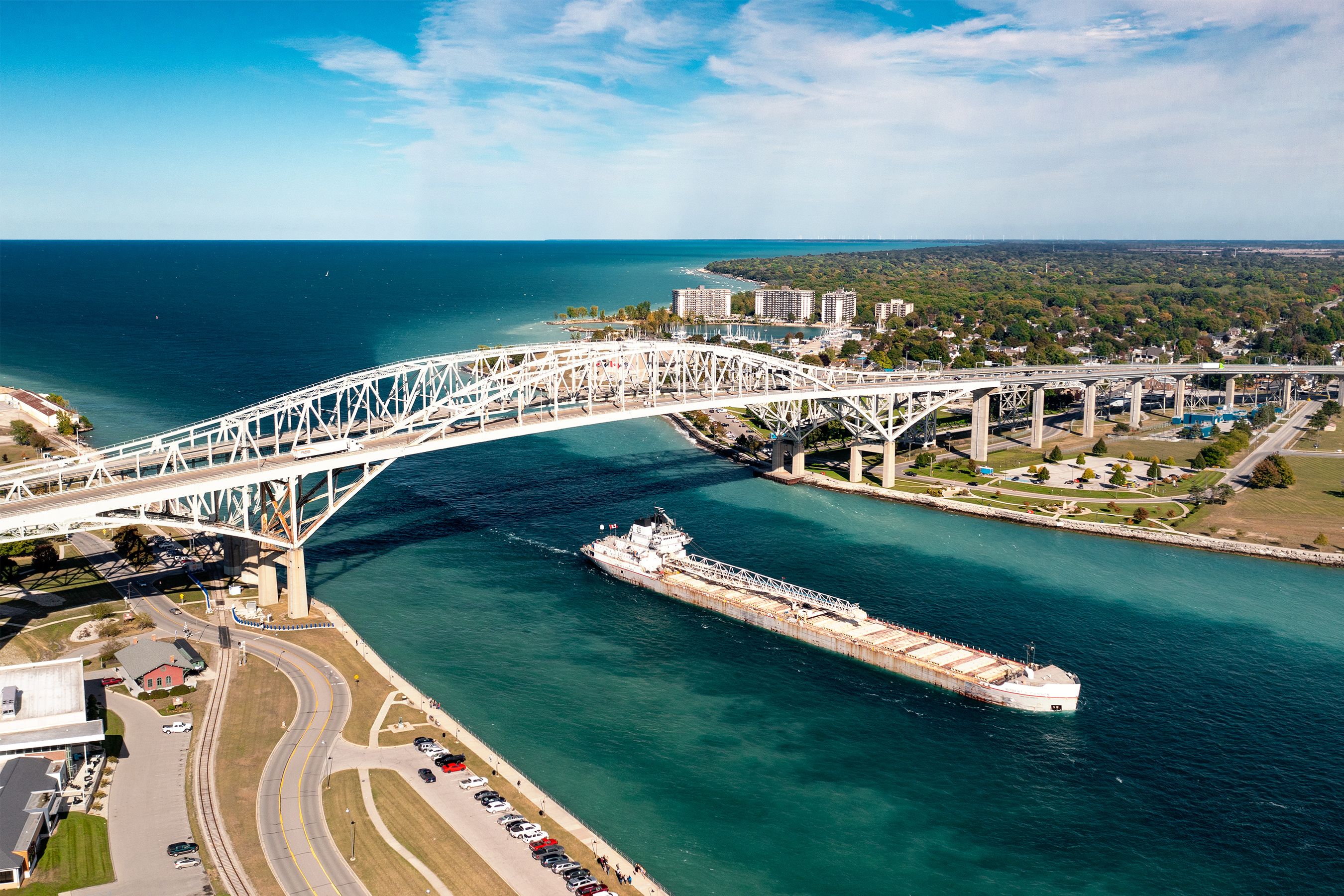 Freighter going under the blue water bridge 