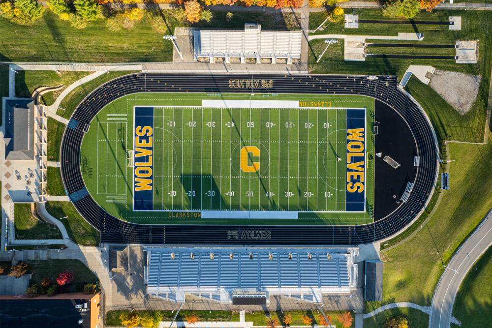 Clarkston football field from above at sunset