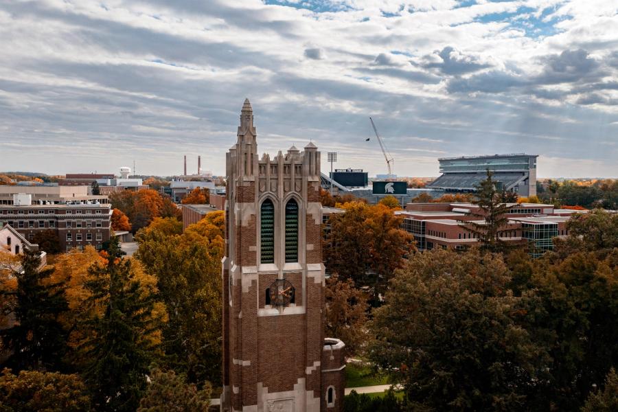 clock tower at michigan state university in fall